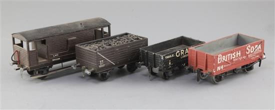 A British Soda 12T open wagon, no. 44, in red, a SR open wagon 12T, no. 65027, in black, a T. Gray 10T